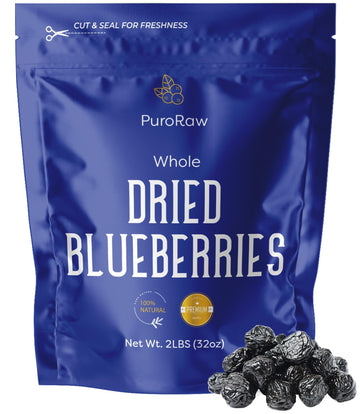 Puroraw Dried Blueberries No Sugar Added, 2 Lbs. Blue Berries Fruit, Dehydrated Blueberries Fresh Dried Blueberries Bulk, Blueberry Raisins. All Natural, Non-Gmo, Batch Tested, 2 Pounds