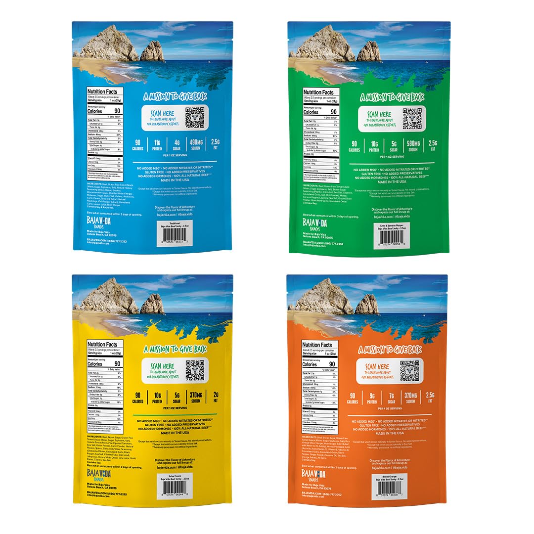 Baja Beef Jerky Sampler Pack - 100% All Natural Beef Jerky, Gluten Free, Low Calorie Craft Jerky, 10G Protein Per Serving, No Ni
