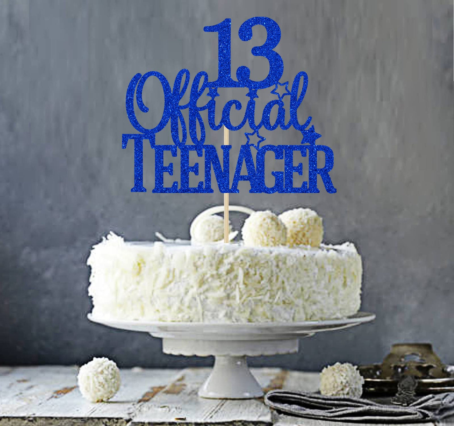 Blue Glitter 13 Official Teenager Cake Topper, Cheers To 13 Years Decor, 13Th Birthday Party Decorations