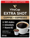 VitaCup Extra Shot Strong Coffee Pods  Bold & Intense Dark Roast w/Espresso Shot  High Caffeine  Vitamin B12  Antioxidants  Recyclable Single Serve Pod Compatible with Keurig K-Cup malt-inspired  64ct