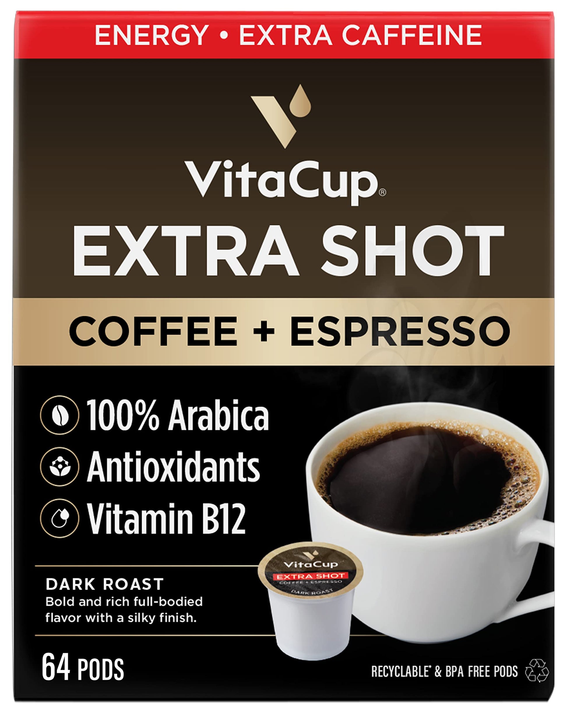 VitaCup Extra Shot Strong Coffee Pods  Bold & Intense Dark Roast w/Espresso Shot  High Caffeine  Vitamin B12  Antioxidants  Recyclable Single Serve Pod Compatible with Keurig K-Cup malt-inspired  64ct