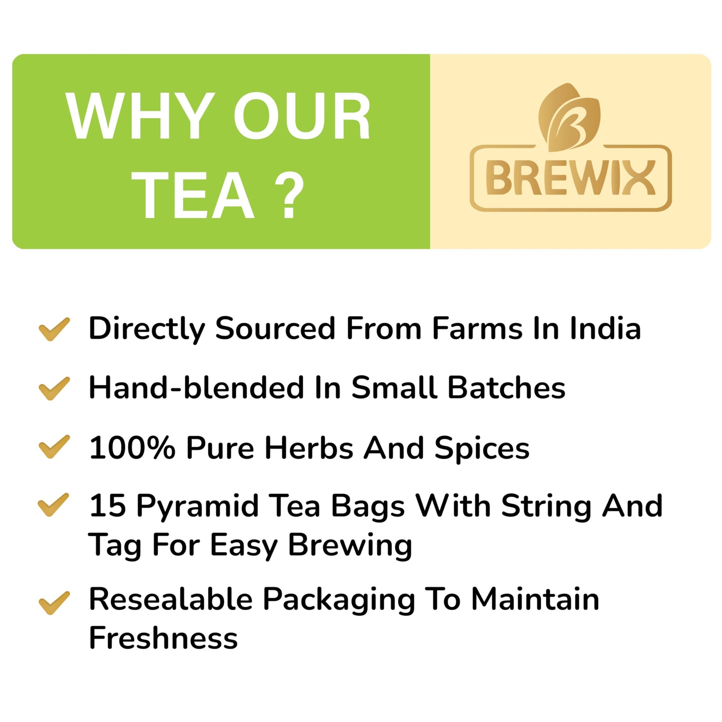 BREWIX Holy Basil Tea Bags, Caffeine Free Herbal Tea with Tulsi and Chamomile, 15 Pyramid Tea Bags, 1 Count