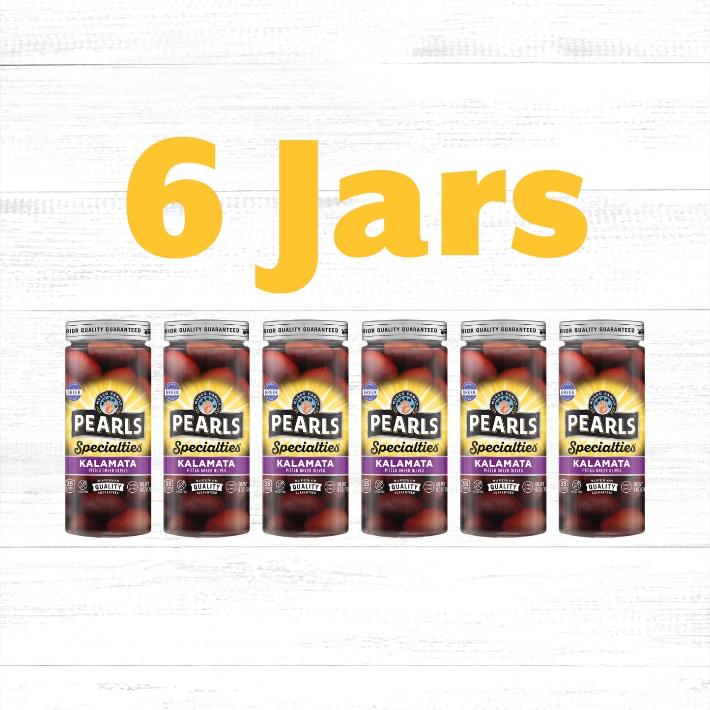 PEARLS Pitted Kalamata Greek Olives, Pack of 6 Jars, 6 oz Each