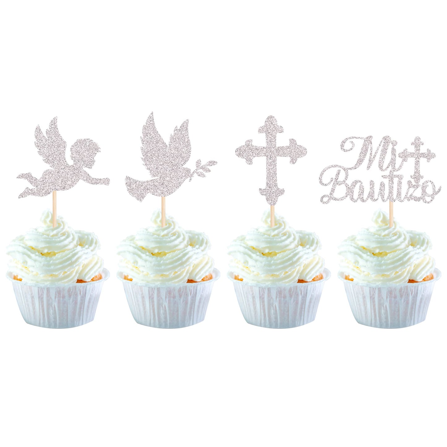YCTHUNFISH 24 Pack Cupcake Toppers with Glitter Cross and Angel, Silver, Small, for Baptism, Baby Shower, Kids Birthday, Christmas Party