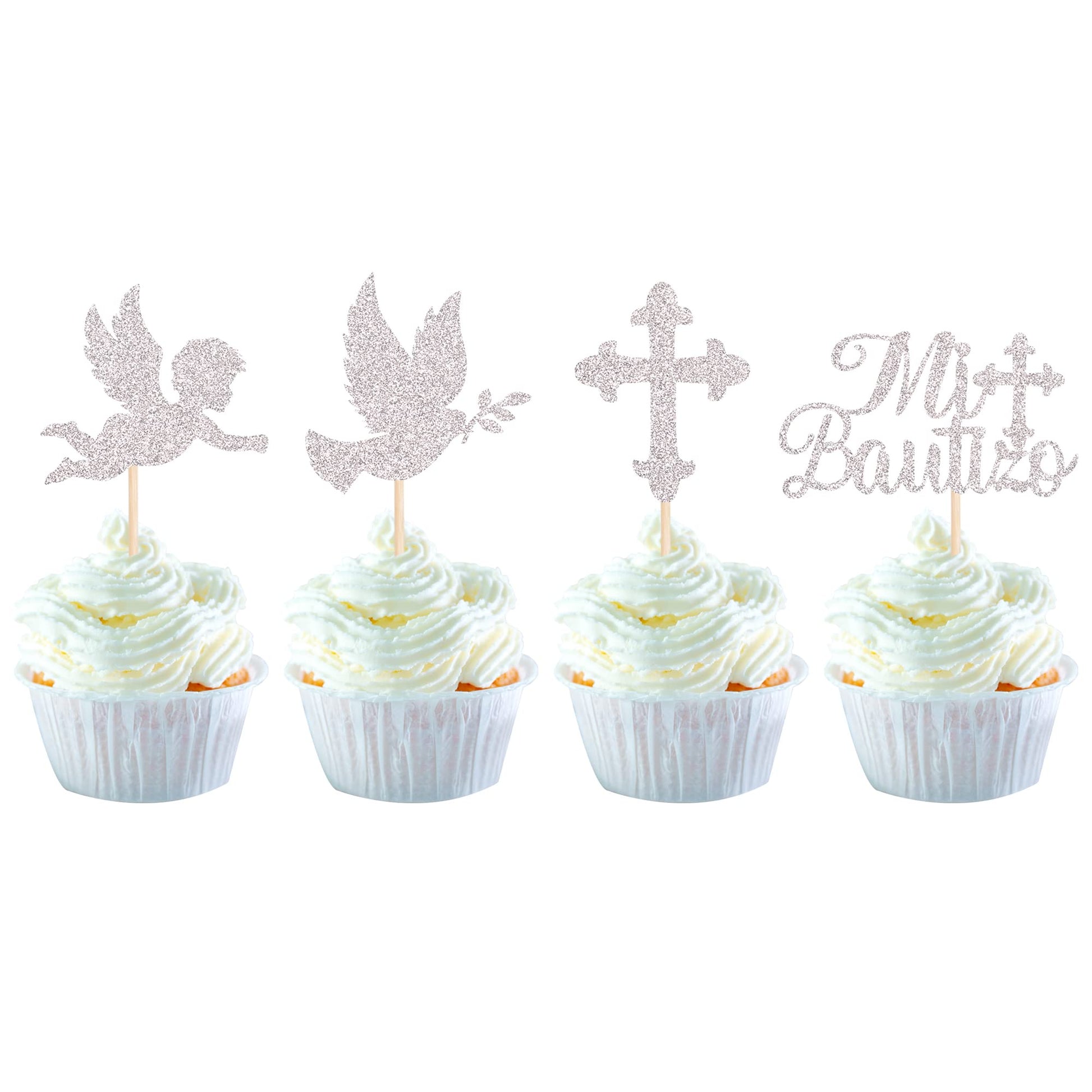 YCTHUNFISH 24 Pack Cupcake Toppers with Glitter Cross and Angel, Silver, Small, for Baptism, Baby Shower, Kids Birthday, Christmas Party