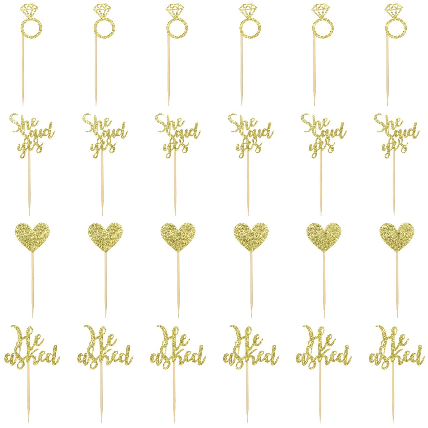 24 Pcs He Asked She Said Yes Cake Topper Gold Cupcake Toppers Heart Diamond Ring Cupcake Picks Glitter Cupcake Decorations For W
