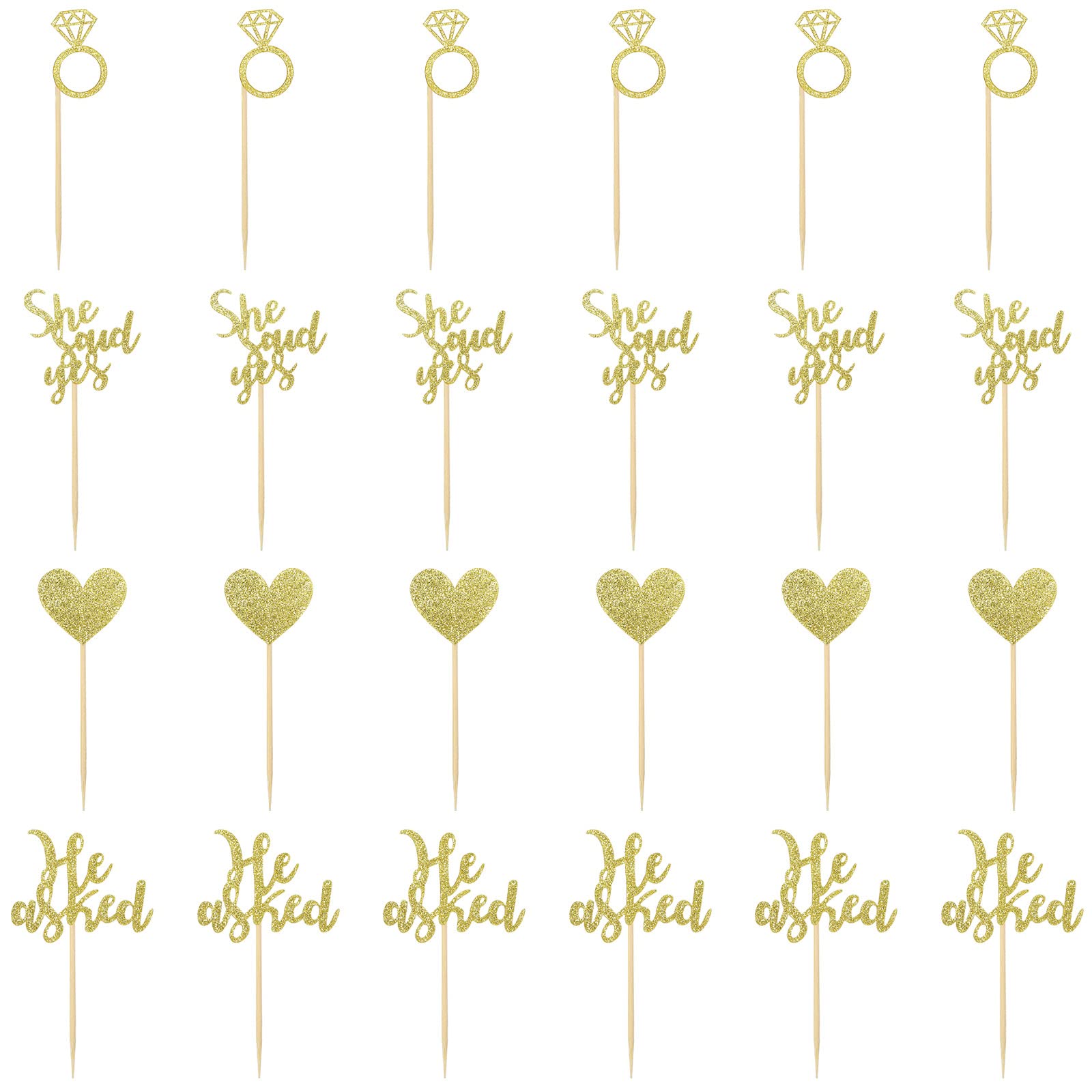 24 Pcs He Asked She Said Yes Cake Topper Gold Cupcake Toppers Heart Diamond Ring Cupcake Picks Glitter Cupcake Decorations For W