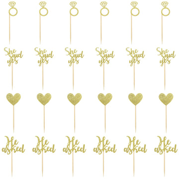 24 Pcs He Asked She Said Yes Cake Topper Gold Cupcake Toppers Heart Diamond Ring Cupcake Picks Glitter Cupcake Decorations For W