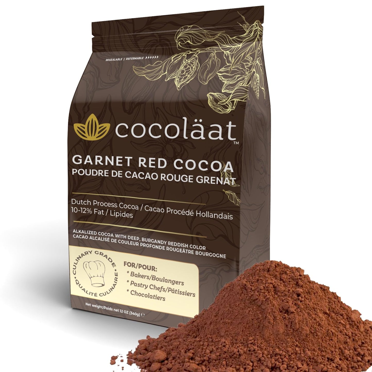 Cocolat Garnet Red Dutch Cocoa Powder | Culinary Grade for Bakers, Pastry Chefs, & Chocolatiers | 10/12% Cocoa Butter | Resealab