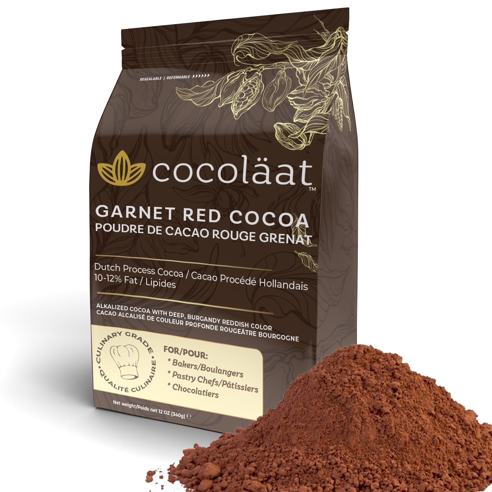 Cocolat Garnet Red Dutch Cocoa Powder | Culinary Grade for Bakers, Pastry Chefs, & Chocolatiers | 10/12% Cocoa Butter | Resealab