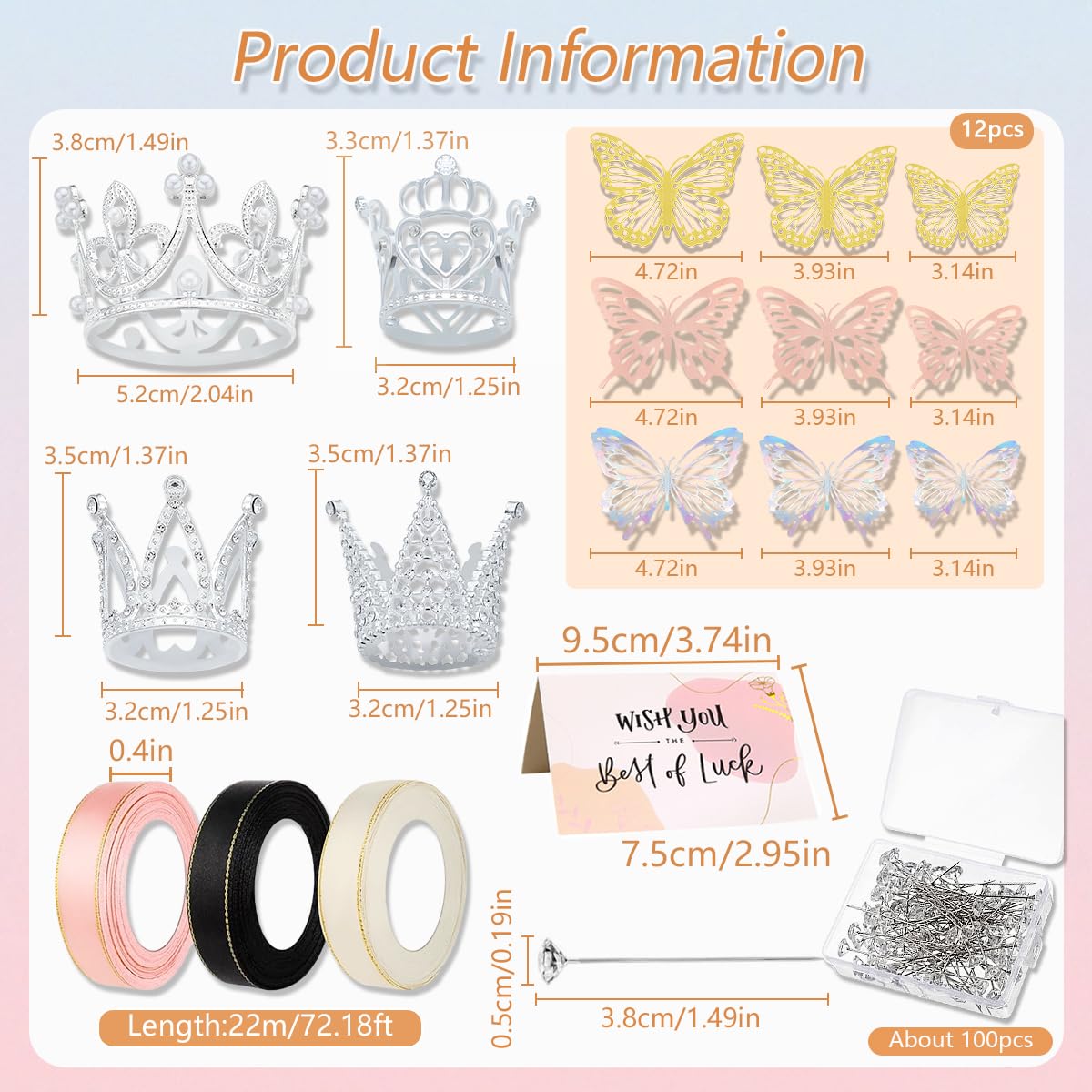 Crown Cake Topper, Princess Little Crown - 12Pcs Crown,36Pcs 3D Butterfly, 10Blessing Card 100Pcs Flower Pins, Children'S Birthd