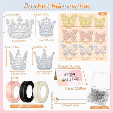 Crown Cake Topper, Princess Little Crown - 12Pcs Crown,36Pcs 3D Butterfly, 10Blessing Card 100Pcs Flower Pins, Children'S Birthd