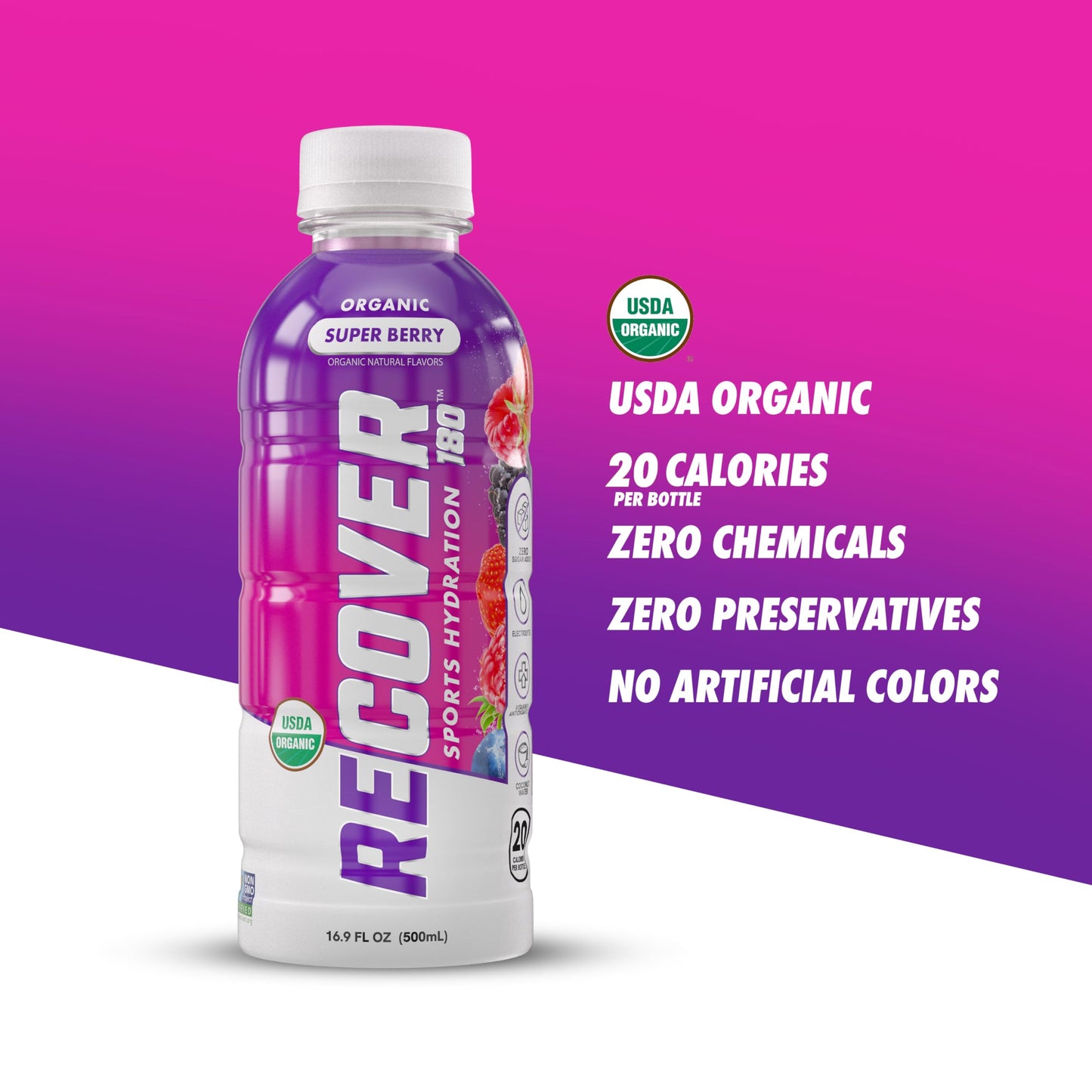RECOVER 180 Organic Sports Hydration Drink, No Sugar Added, 15 Calories, 16.9 Fl Oz (Pack of 12), Super Berry Flavor