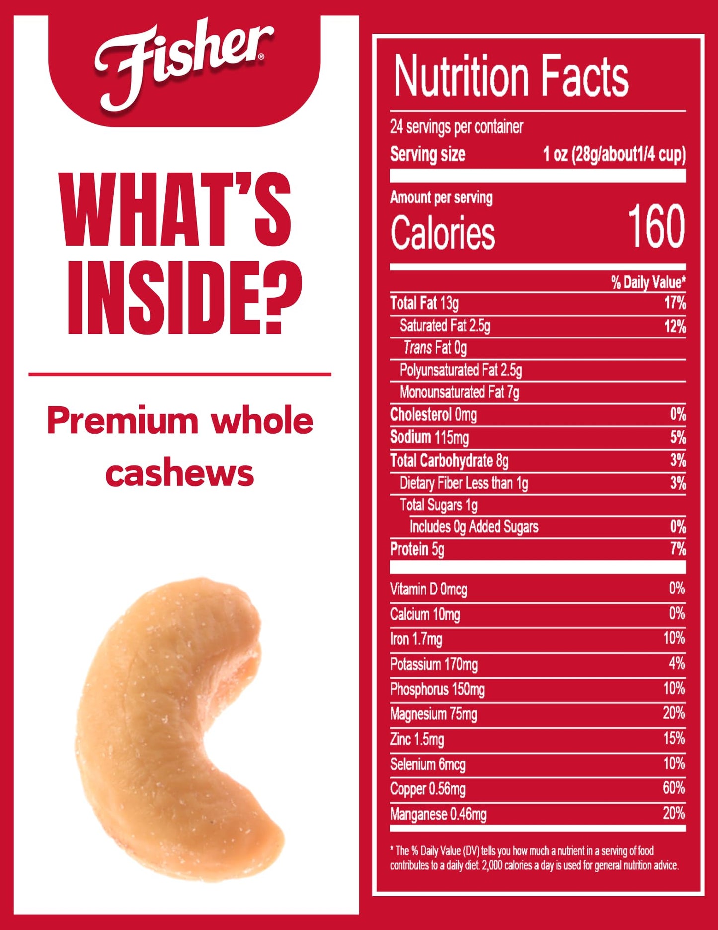 Fisher Snack Premium Whole Cashews, 24 Ounces, Roasted With Sea Salt, No Artificial Colors Or Flavors, 100% Recyclable