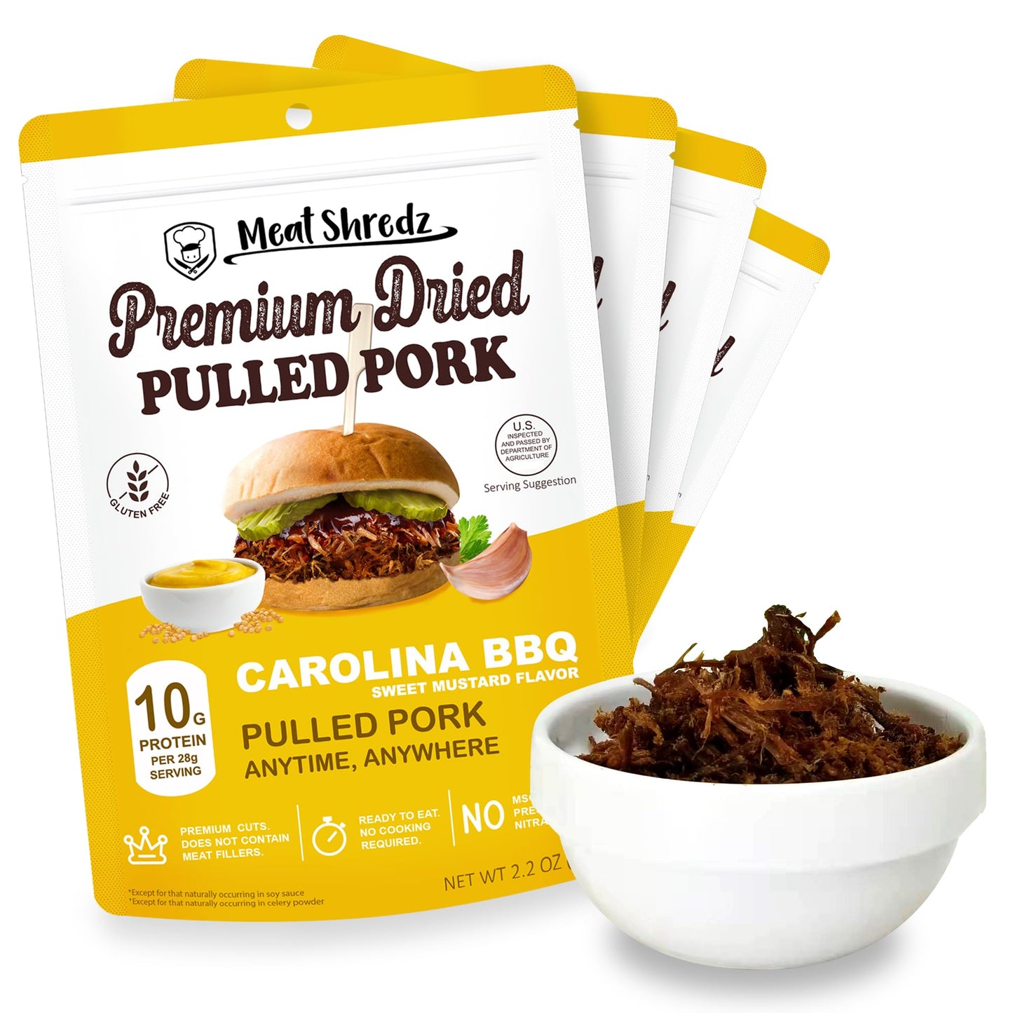 Meat Shredz - enhanced Dried Pulled Pork (Carolina BBQ - Sweet Mustard, 4 Pack) | Gluten Free | High Protein & Low Sugar | Bacon Bits | Dehydrated Backpacking & Camping Food | Shredded, Dried Jerky Chew Snack