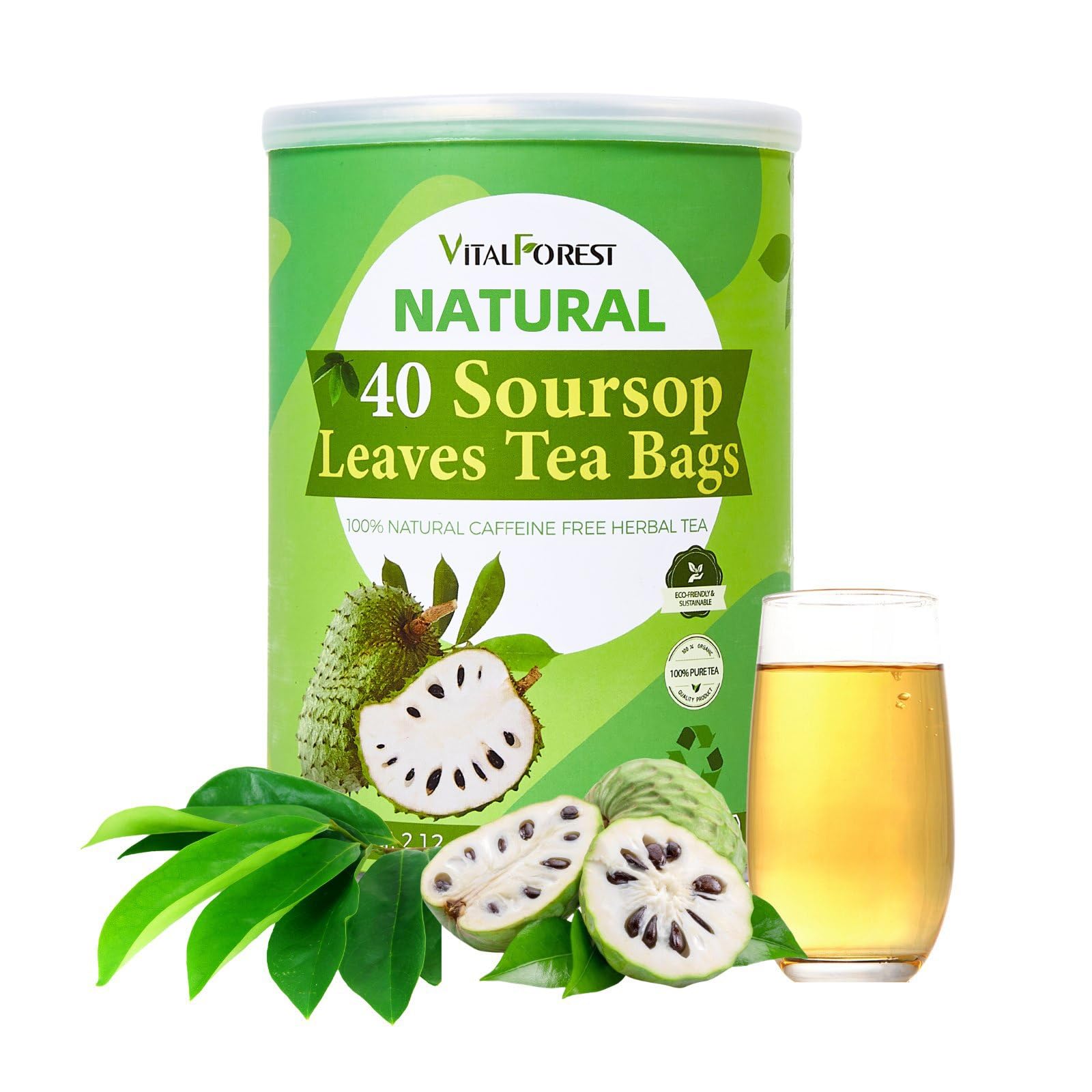 VitalForest Soursop Leaves Tea Bags - 40 Dried Tea Bags - Herbal Infusion