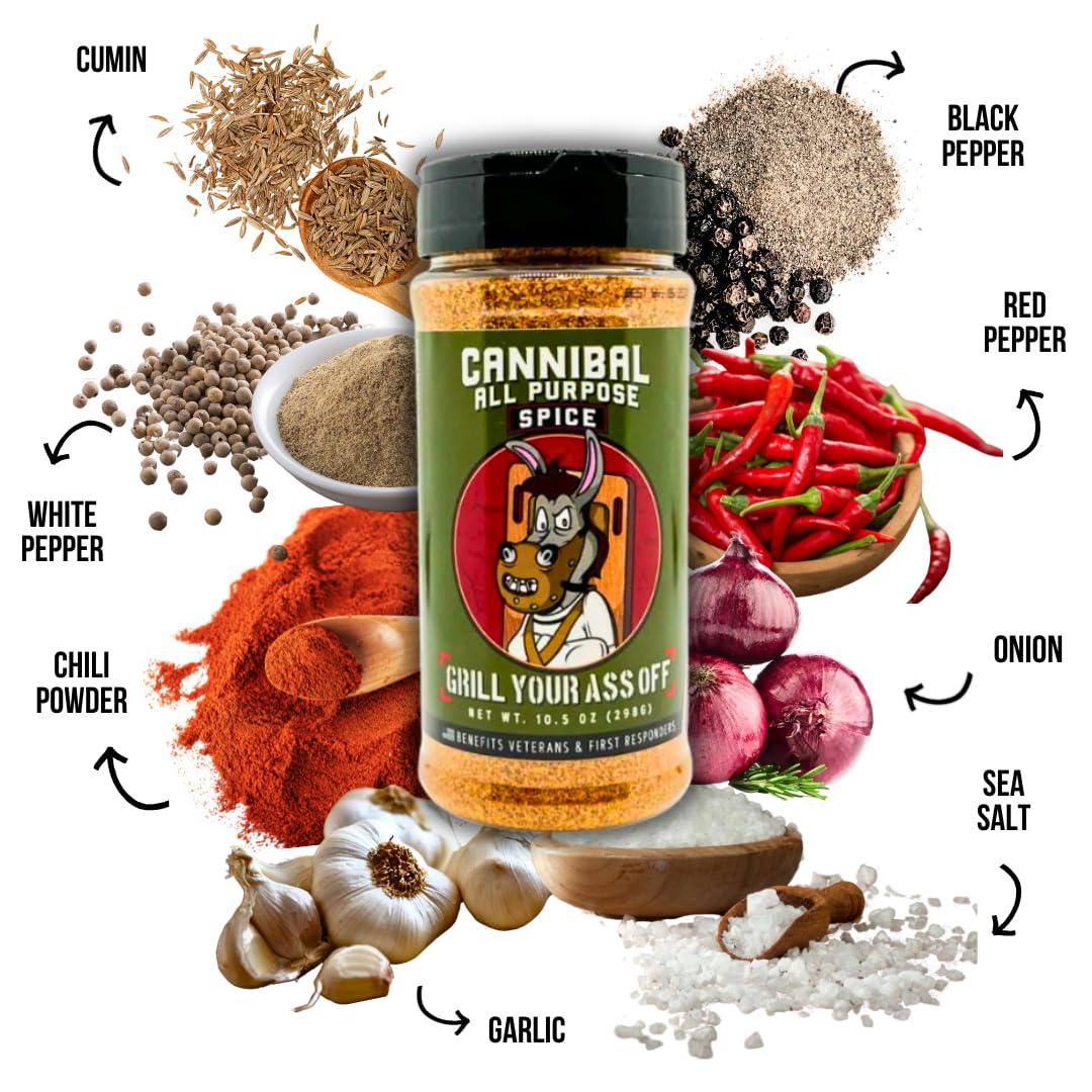 Grill Your As* Off Cannibal Bbq Seasoning – 10Oz Chili-Based Southern Texas Bbq Rub For Steak, Beef & Burgers – Msg & Gluten Free – Usa Made & Veteran Owned