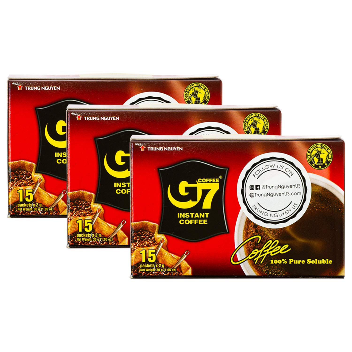 Trung Nguyen — G7 Instant Coffee — Pure Black — 100% Soluble Coffee — Strong And Bold — Instant Vietnamese Coffee (15 Packets/Box, 3 Pack)