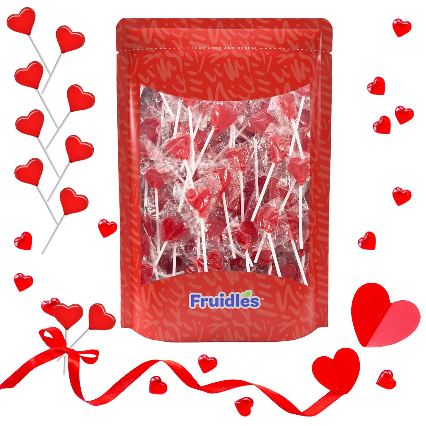Fruidles Valentines Day Lollipops Mini Red Heart Shaped Strawberry Flavored Lollipop, Individually Wrapped, 5G Lollipops (40 Lollipops)