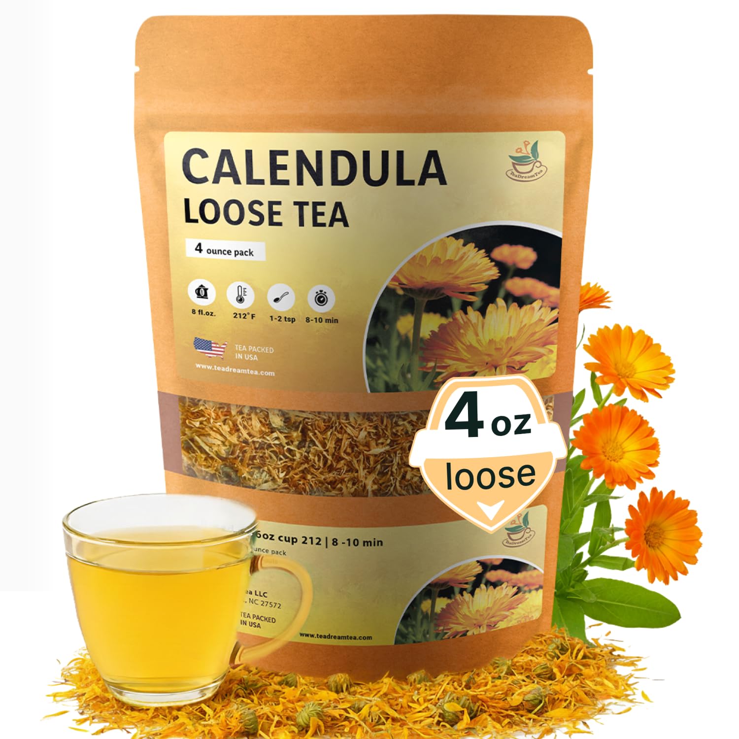 Calendula Loose Tea - 4 Oz Size - Marigold & Dried - Calendula Tea Bulk Flowers Gluten-Free And Energy Blend-Free Herbal Tea For Relaxation  Wallness  From Real Flowers With Smooth Taste