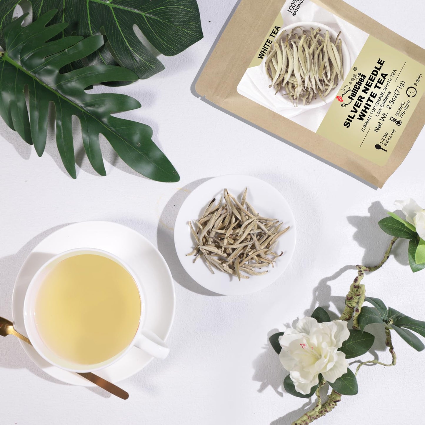 FullChea White Tea Loose Leaf - Yunnan Silver Needle - 2.5oz - Low Caffeine - Refreshing Woody Aroma