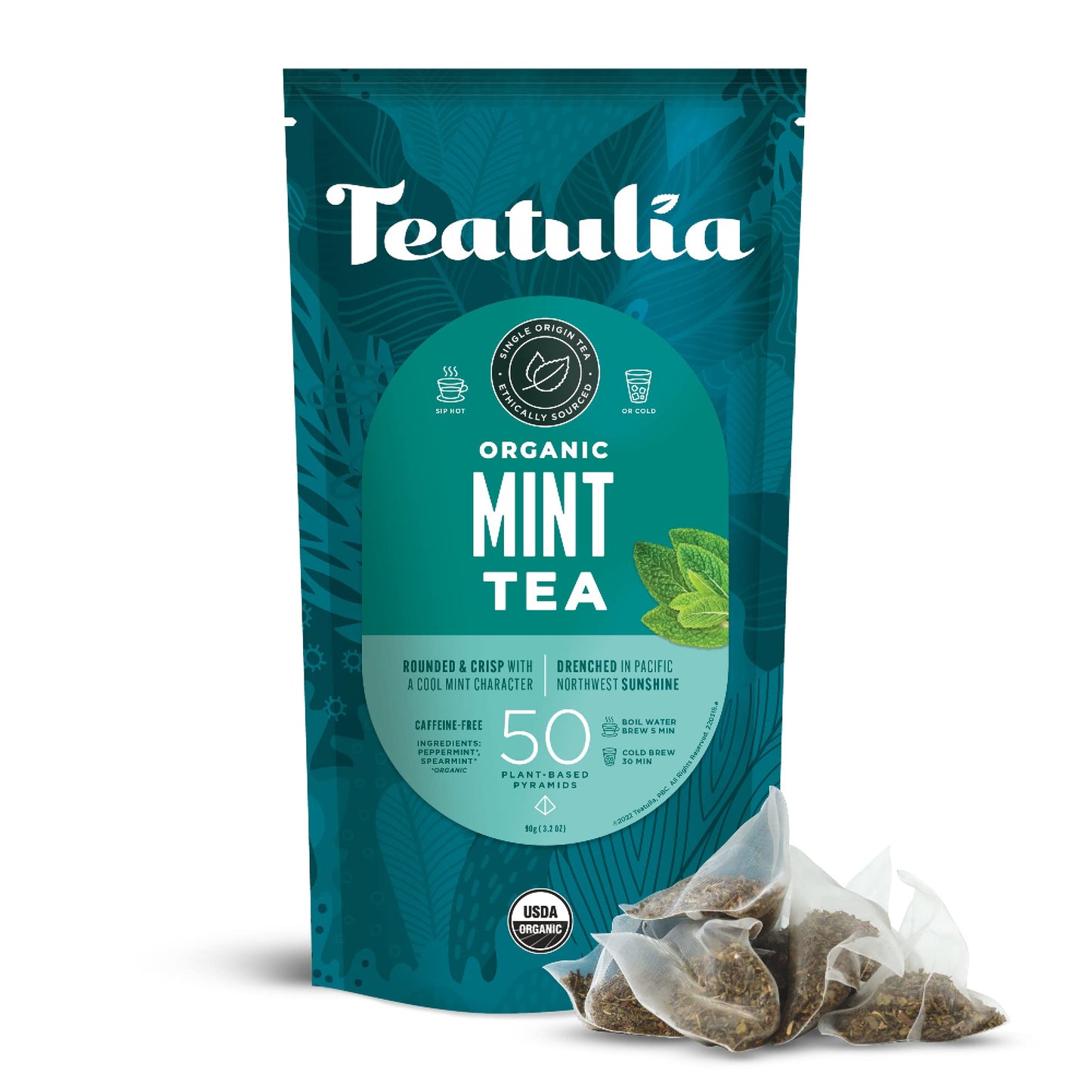 Teatulia Organic Mint Tea Bags, Herbal Caffeine-Free Blend, 50 Pyramid Sachets, Sustainably Grown Spearmint + Peppermint
