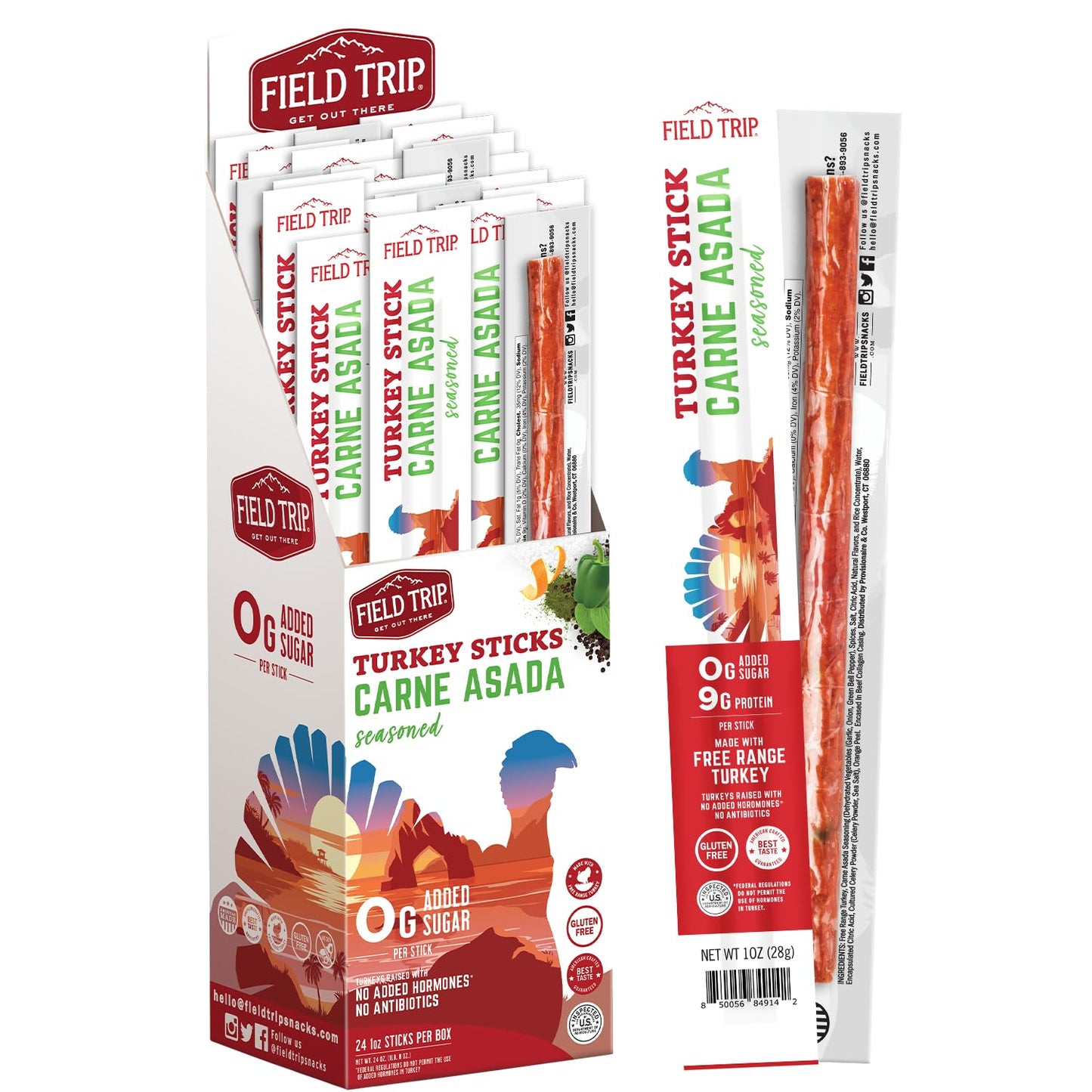 Field Trip Free Range Carne Asada Turkey Jerky Snack Sticks, Zero Sugar, Keto, Paleo, Gluten Free, Allergy Friendly Snack, High 