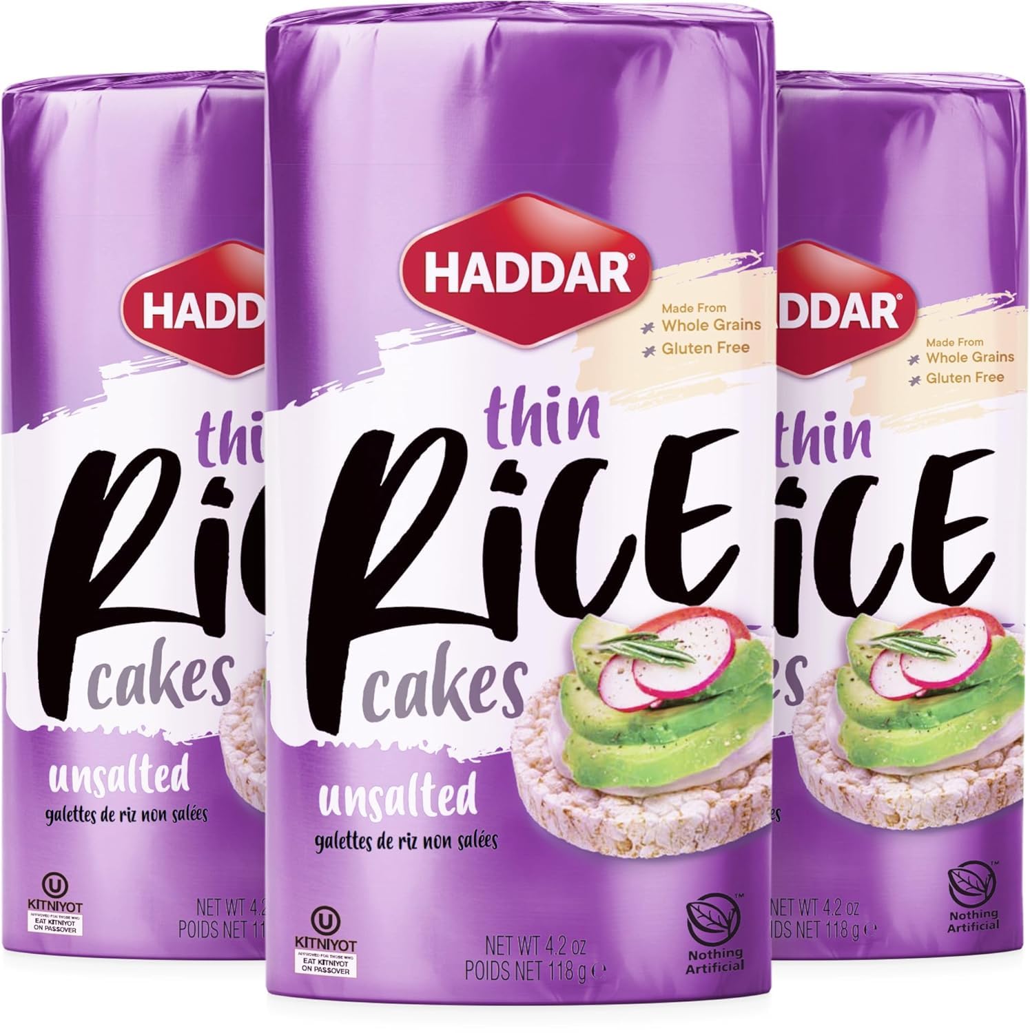 Haddar Wholegrain Rice Cakes 4.2oz (3 Pack) Made From Brown Rice | All Natural, Gluten Free, Vegan, Non GMO | Low Fat & Low Calo