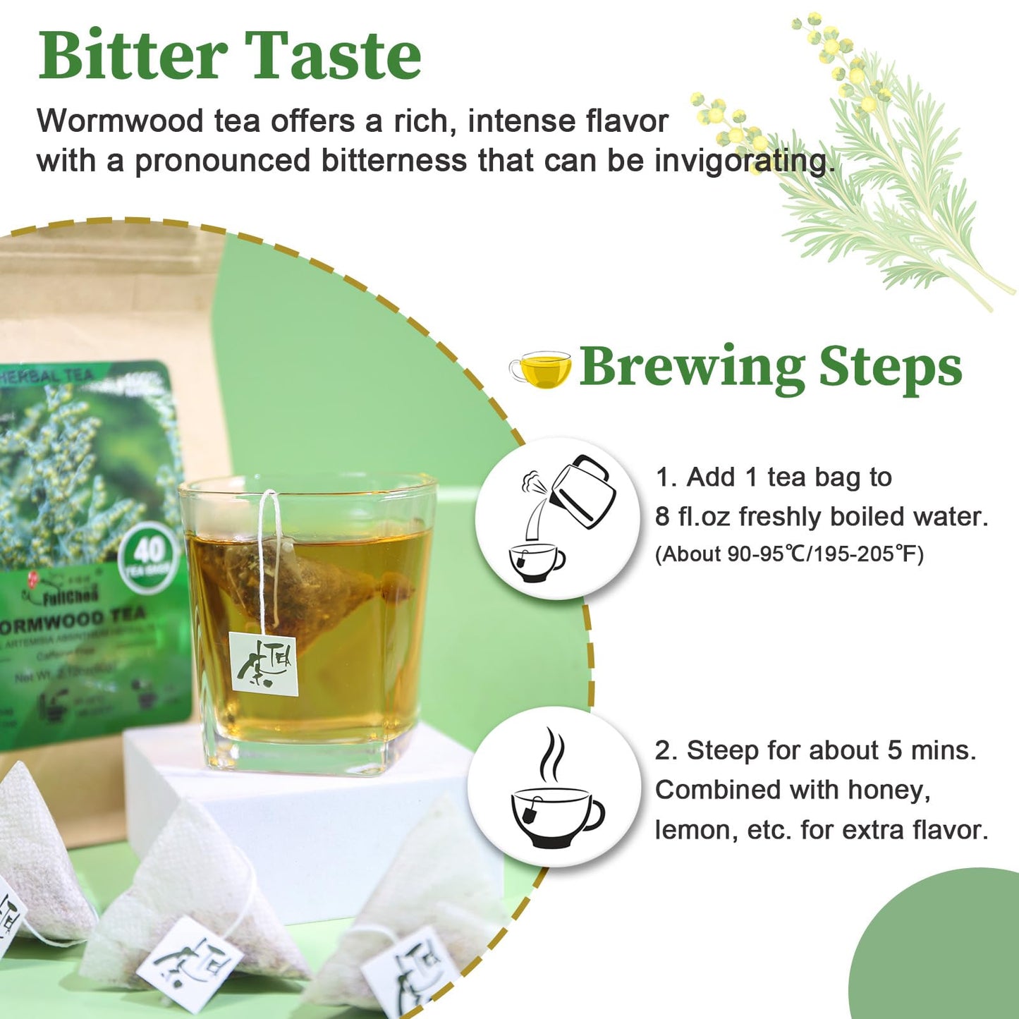 FullChea Wormwood Tea Bags - Bitter Herbal Tea - Non-GMO, Caffeine-Free - 40 Count