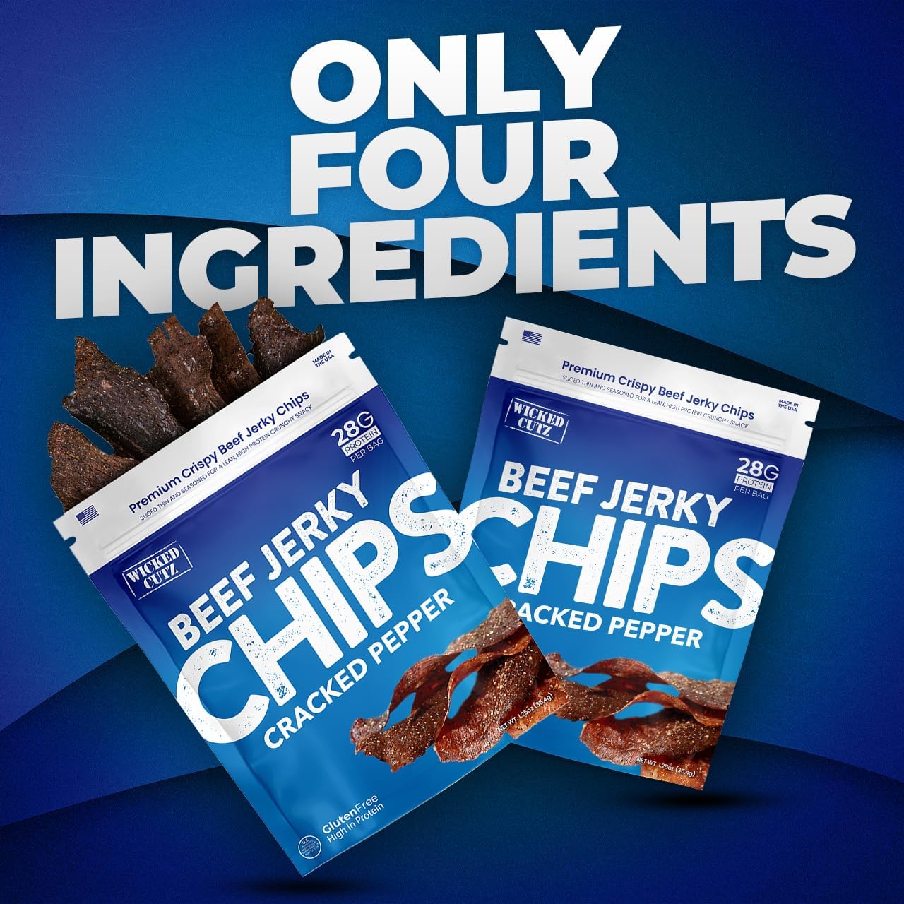 Wicked Cutz ed Pepper Beef Jerky Chips  28g Protein per Bag  Crispy & Crunchy Beef Jerky Crisps  USA Made Pepper Flavored Chips  High Protein Carnivore Snacks (4 Bags)