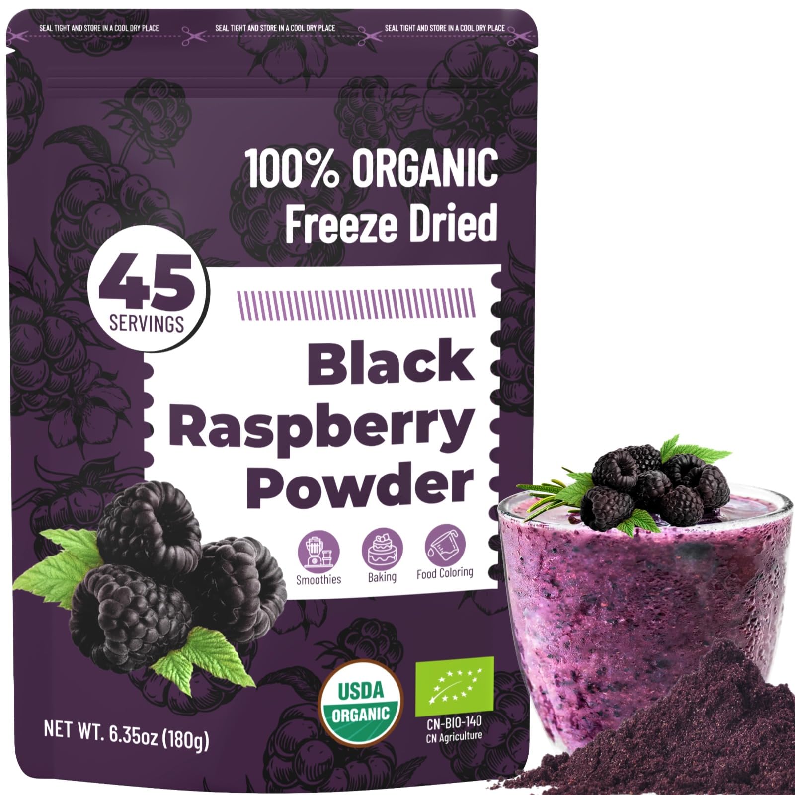 6.35OZ Organic Freeze Dried Black Raspberry Powder - 100% Raspberries Blackberry Powder for Smoothies, Baking, Made From Whole B