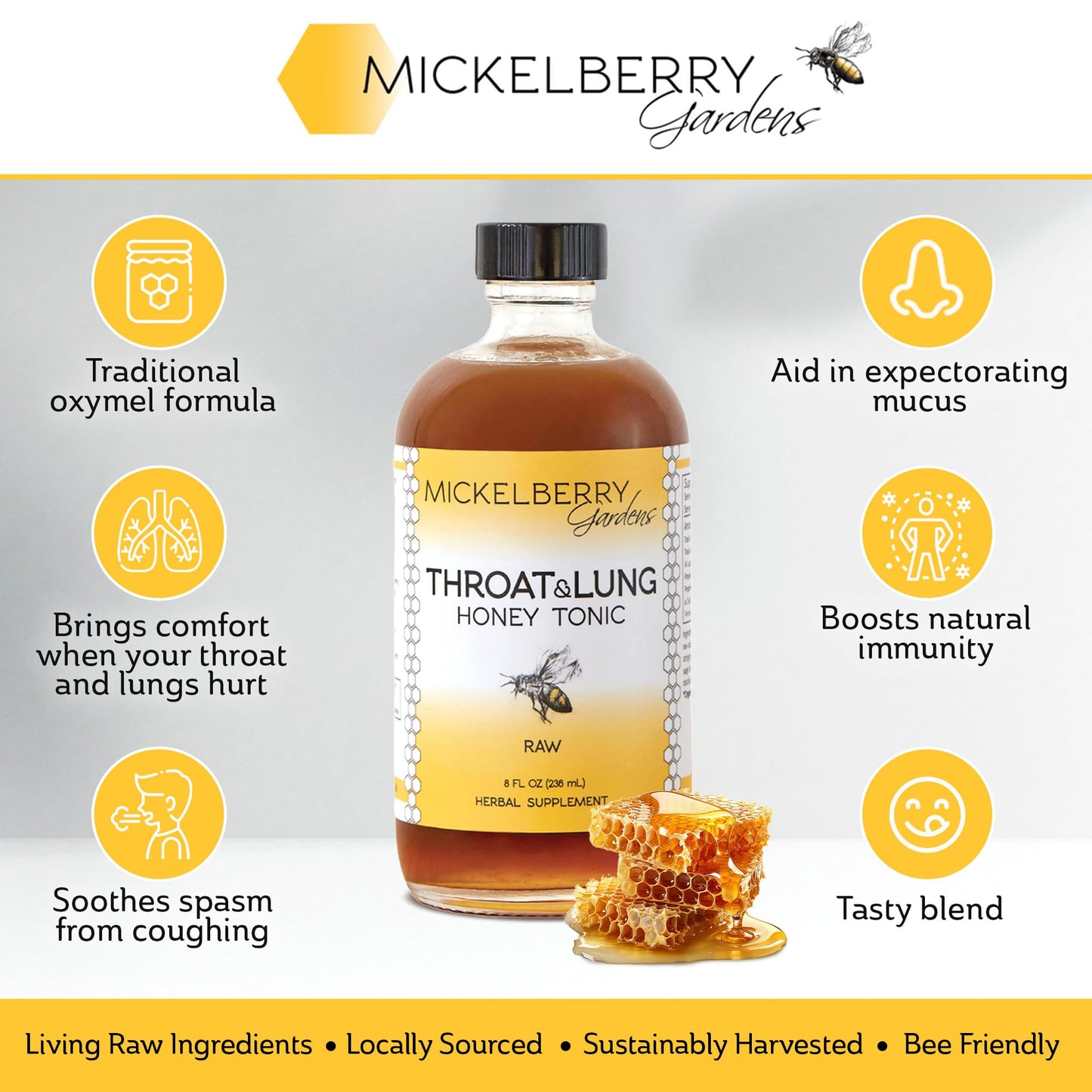 Mickelberry Gardens Throat & Lung Honey Tonic, Wellness Syrup, 8 oz (Pack of 2), Amber