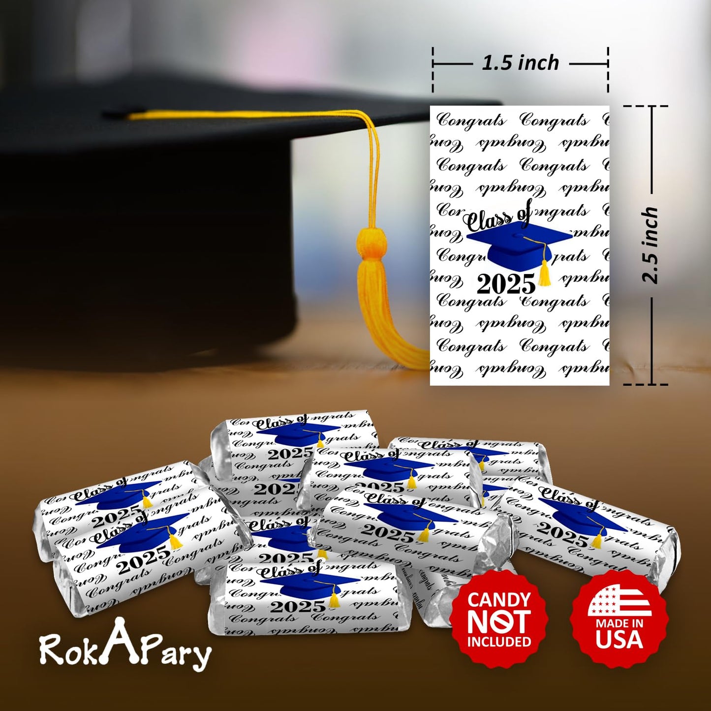 60 Graduation Cap Party Class Of 2026 Miniatures Candy Bar Wrapper, (Set Of 60) Mini Candy Chocolate Bar Stickers, Labels, Candy Not Included, Color Blue. Made In Usa