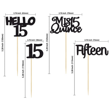 Gyufise 24Pcs Black Glitter 15Th Birthday Cupcake Toppers Mis Quince 15 Cake Toppers Hello 15 Fifteen Cupcake Picks For 15Th Bir