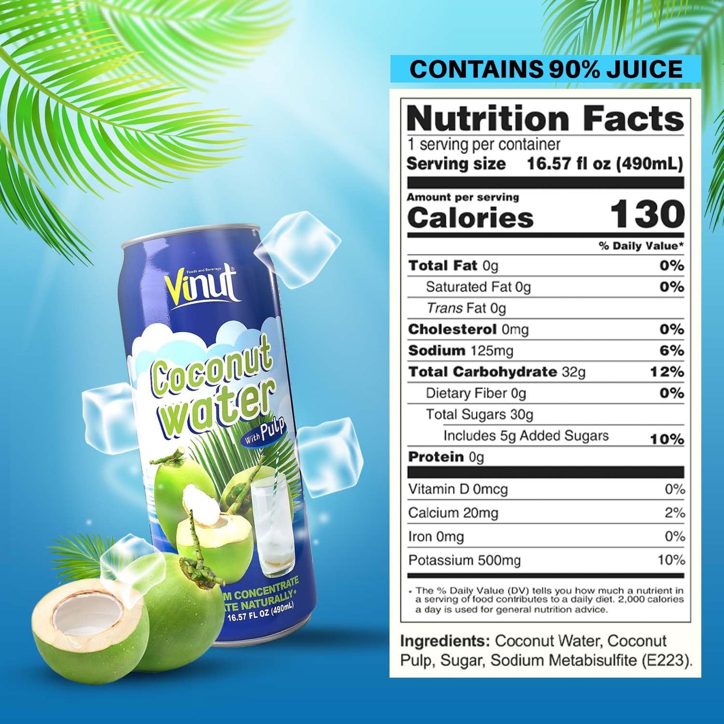 Vinut Original Coconut Water Drink With Pulp (16.57 Fl Oz, Pack Of 12), Hydrate Naturally, Fresh, High Calcium, Potassium, Nutri