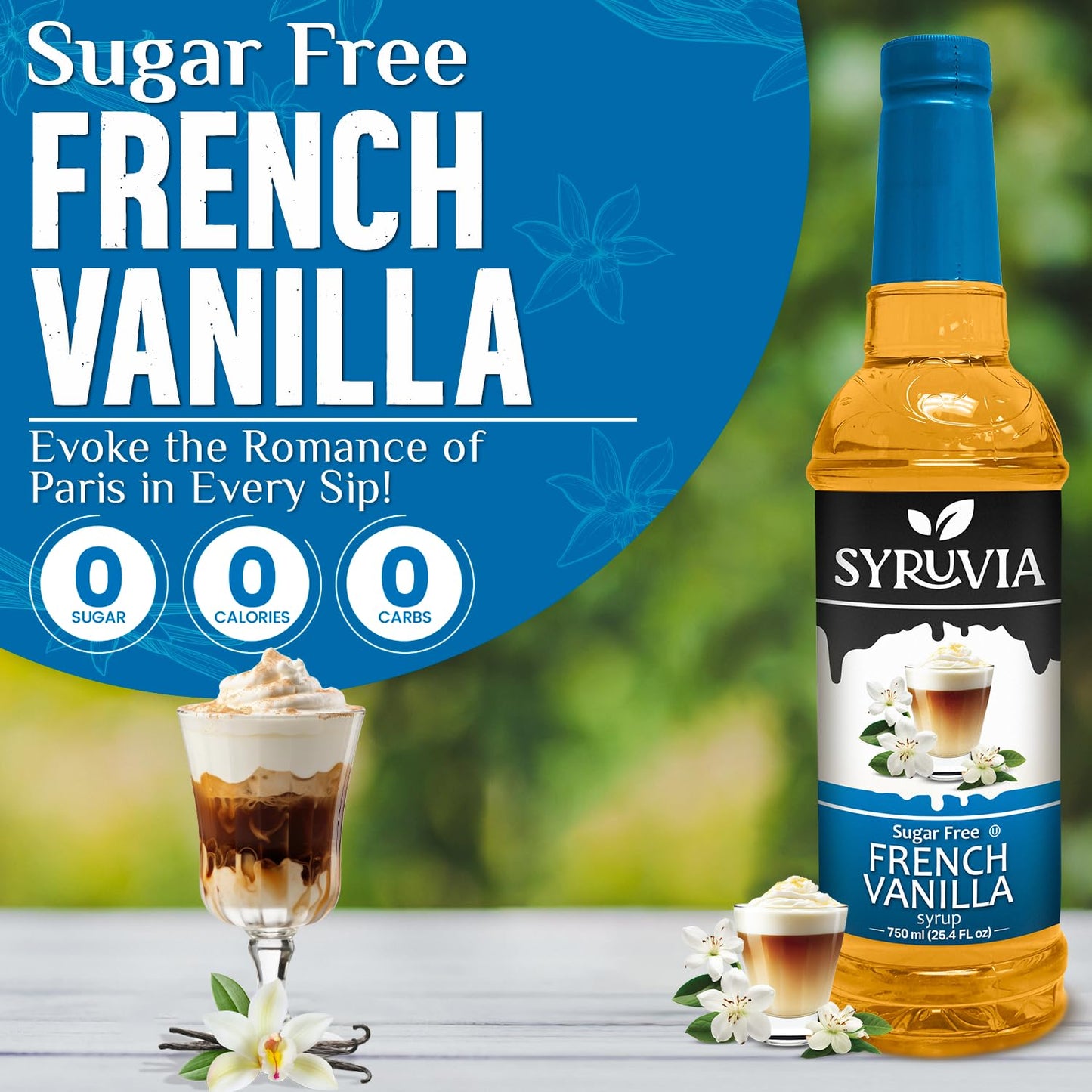 Syruvia Sugar-Free French Vanilla Syrup - 25.4 Fl Oz. Premium Coffee Flavoring Syrup. 0 Calories, Kosher, And Gluten-Free. Perfe