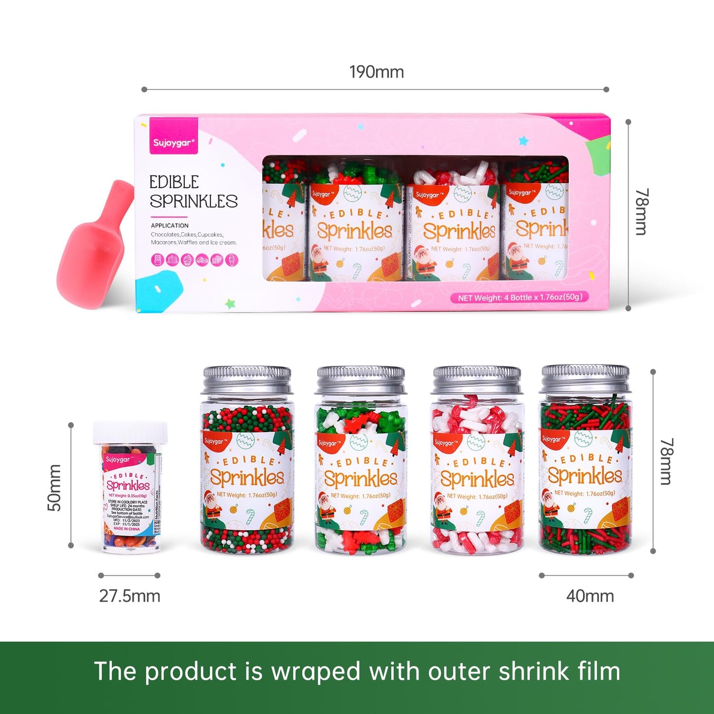 Christmas Sprinkles For Cookie Decorating, Food Grade, Christmas Sprinkles, 50G/4 Bottle, Sujoygar, Kosher & Halal Certified, Ho