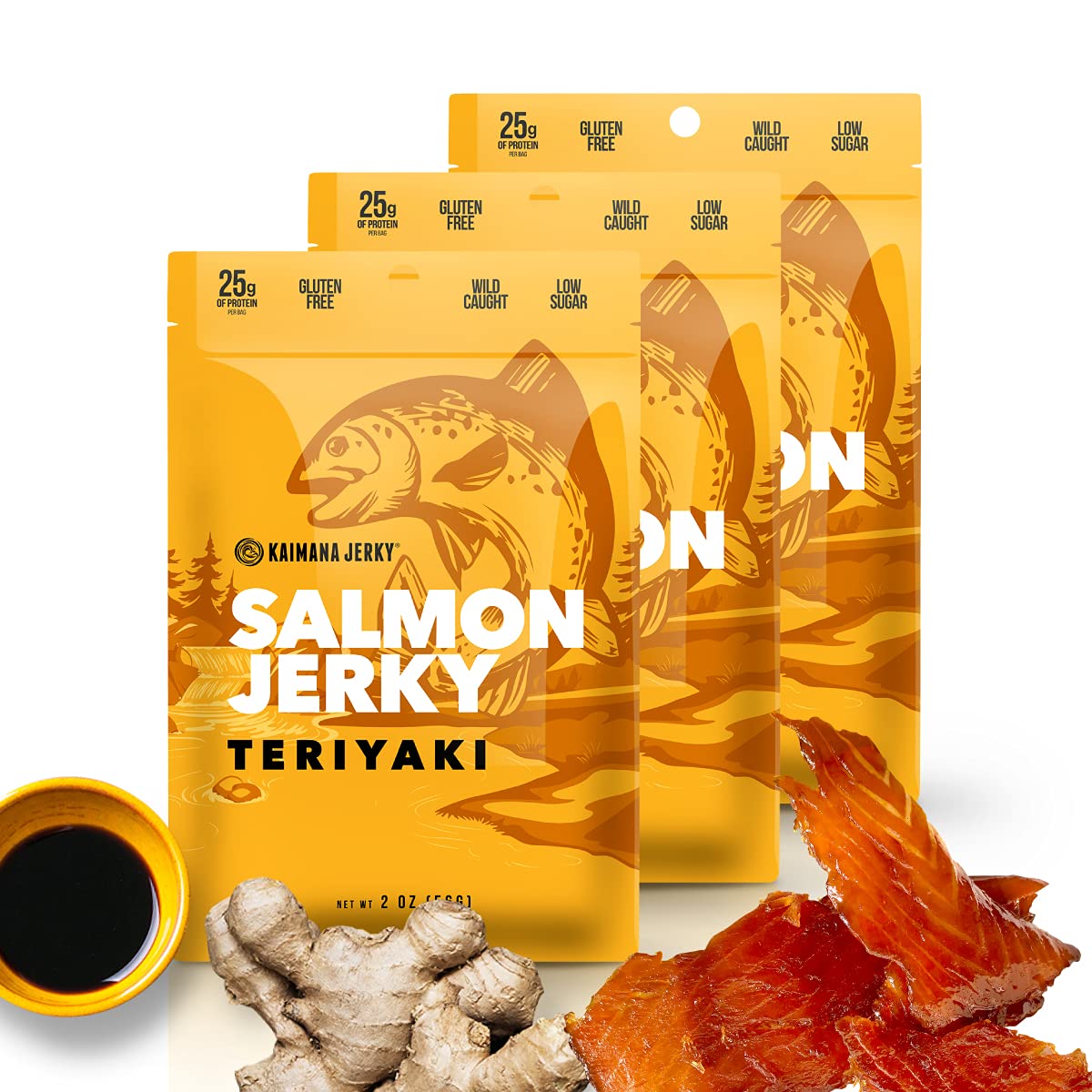Kaimana Jerky Wild Caught Salmon Teriyaki Jerky - Organic, Gluten-Free, Low-Calorie, 3-Pack (2oz Each)