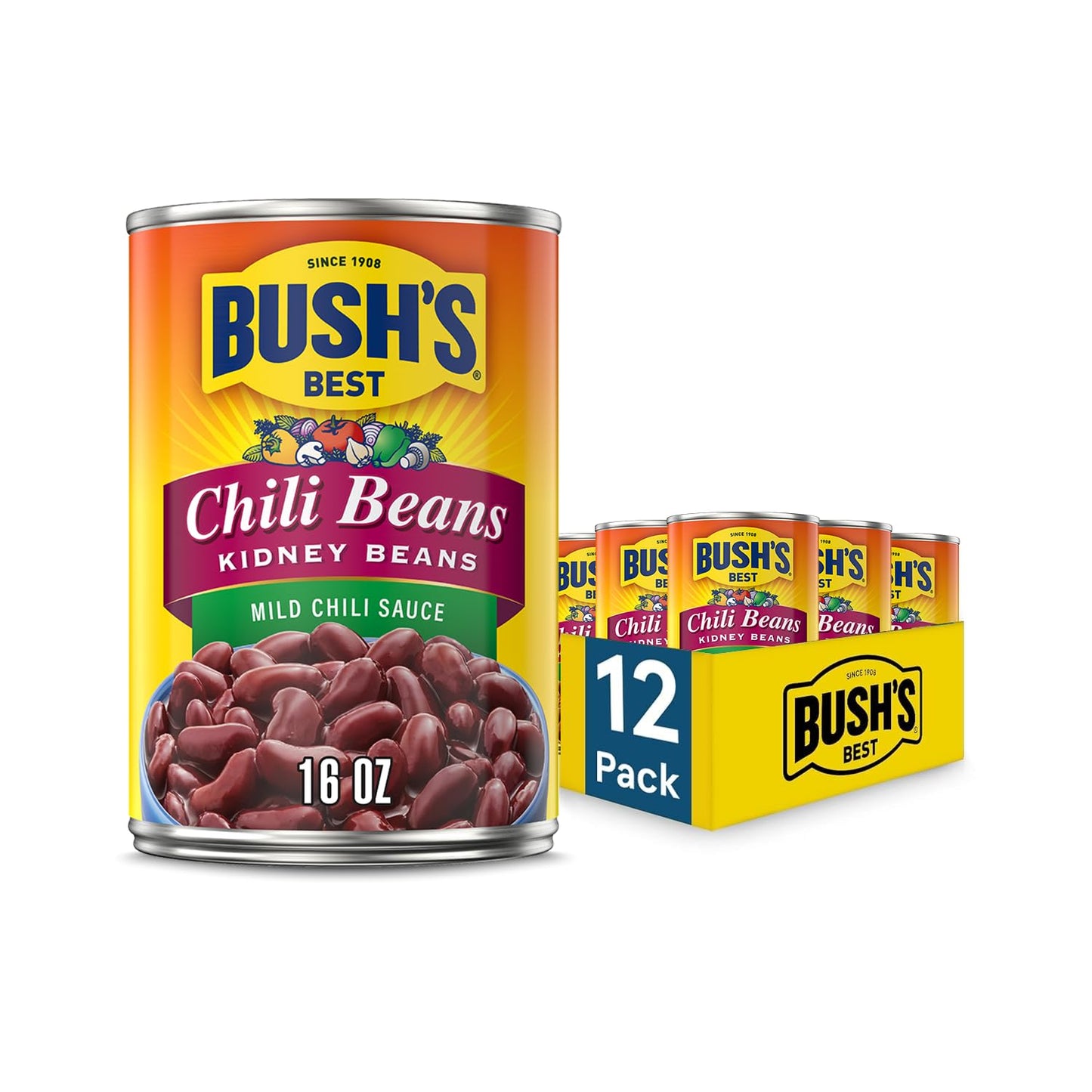 BUSH S BEST 16 oz Canned Kidney Mild Chili Beans, Source of Plant Based Protein and Fiber, Low Fat, Gluten Free, (Pack of 12)