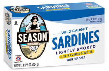 SEASON Sardines in Extra Virgin Olive Oil, Wild Caught, 52.44 Oz, 12-Pack, Lightly Smoked, High in Omega 3s, Kosher, Model SE