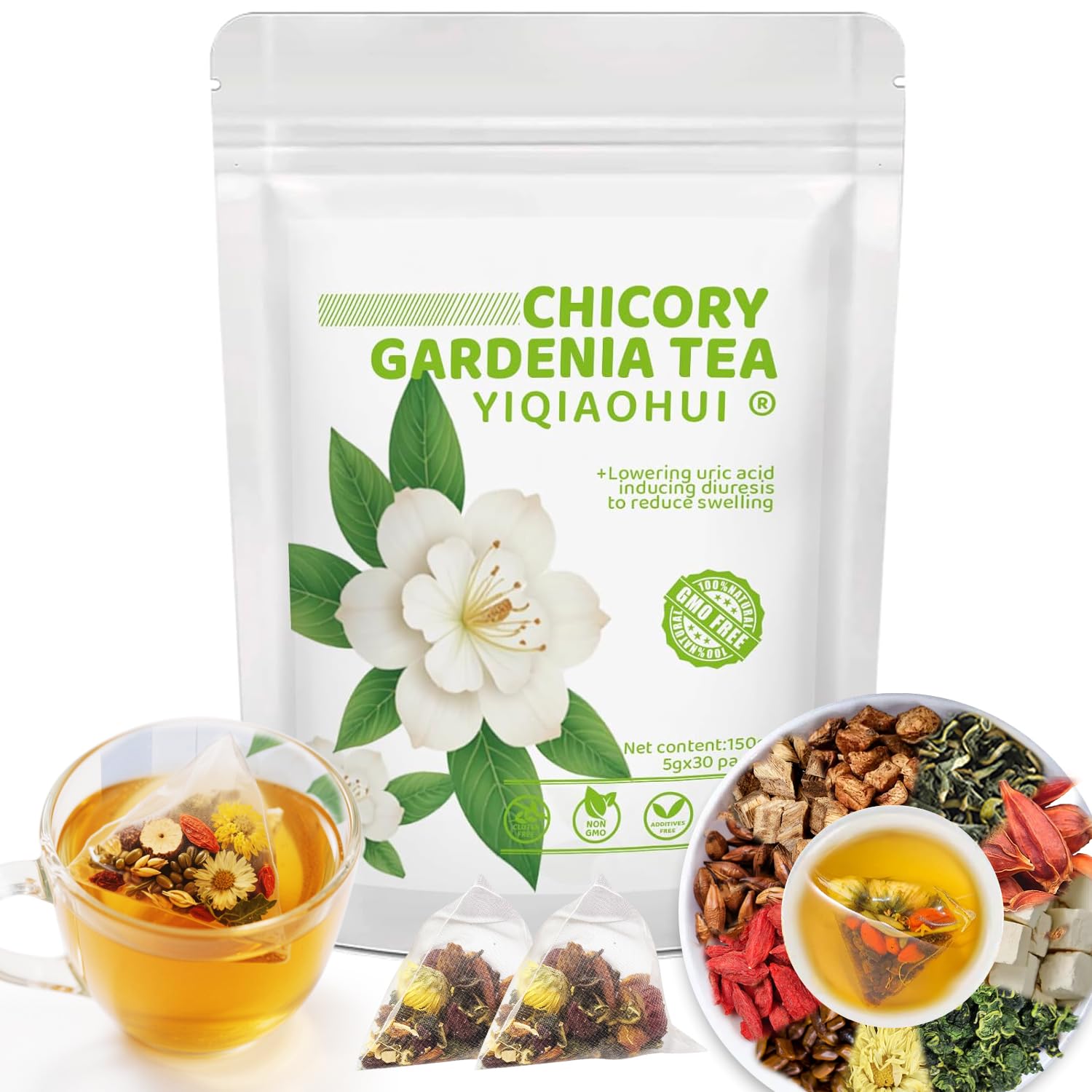 Organic Chicory Gardenia Tea For Blood Sugar Support & Healthy Digestion | 30 Bags Of Herbal Tea| 10-Ingredient Blend With Chicory  Gardenia  Dandelion  Goji & Chrysanthemum | Supports Liver & Eye Health | Sugar Free  Energy Blend Free  Vegan