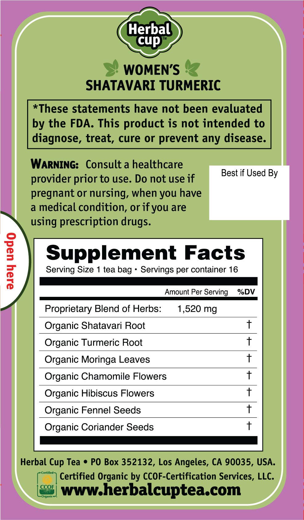 Herbal Cup Womens Tea, Organic Shatavari Turmeric, 16 Count, Caffeine-Free