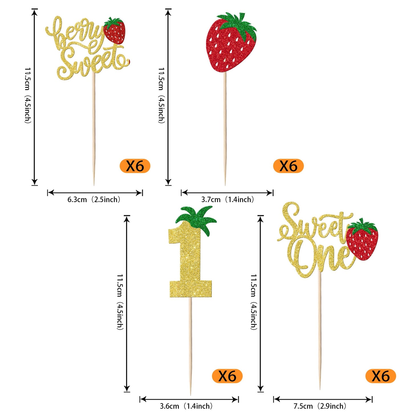YCTHUNFISH Cupcake Toppers 24 Pack Glitter First Birthday Strawberry Picks Gold Paper Decorations