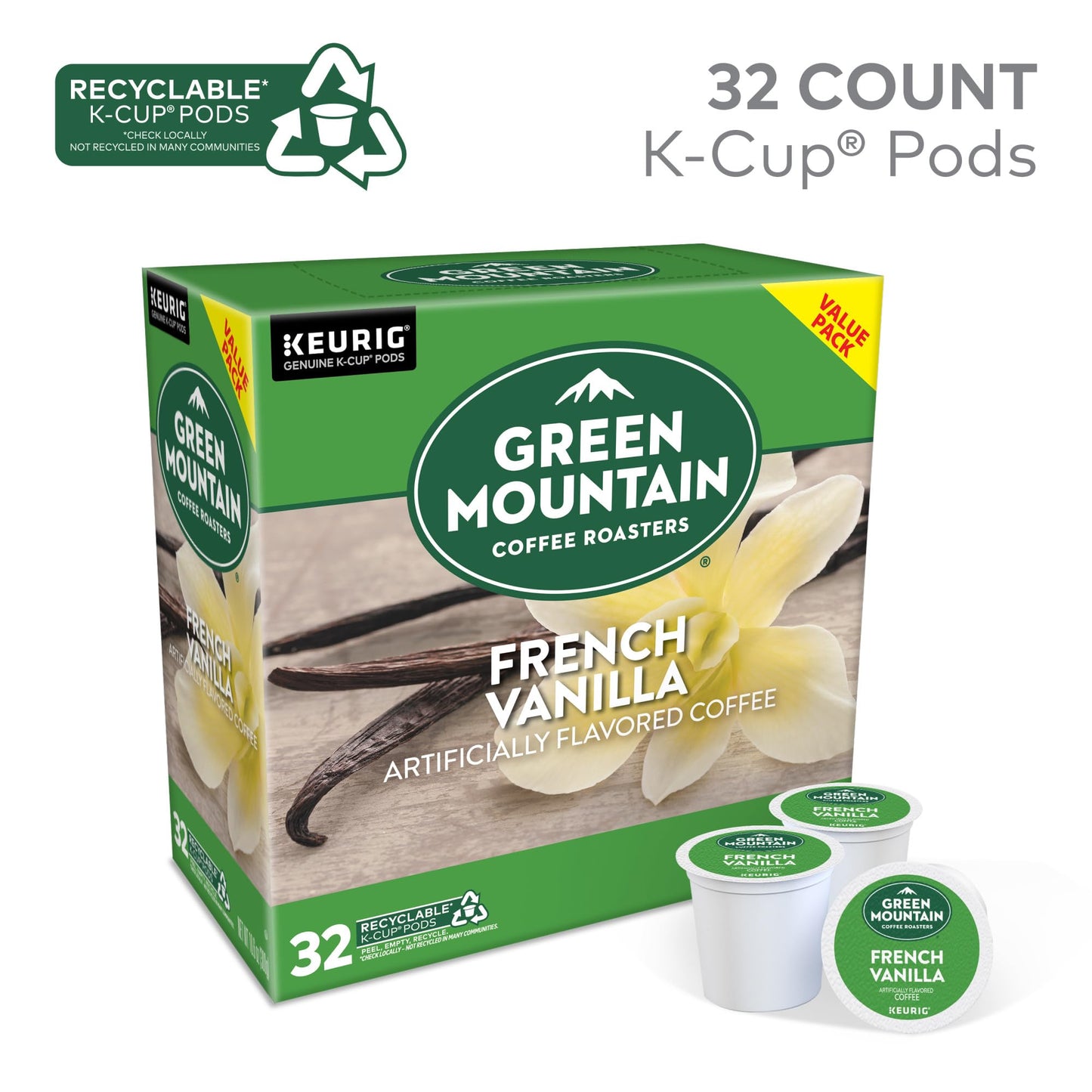 Green Mountain Coffee Roasters French Vanilla Coffee, Keurig Single-Serve K-Cup Pods, Light Roast, 32 Count