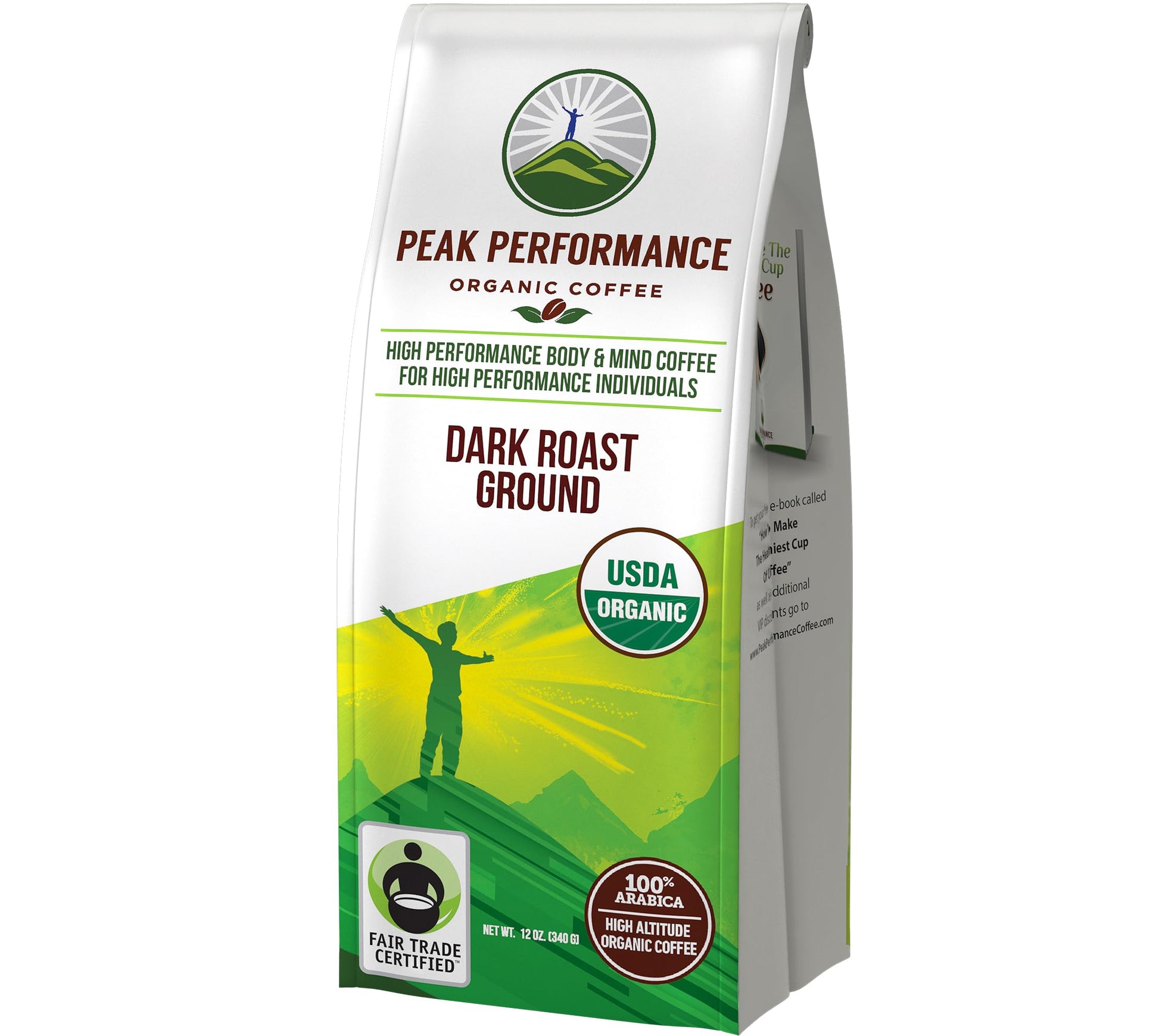 Peak Performance Organic Dark Roast Coffee - Fair Trade, Low Acid, Non-GMO, Antioxidant-Rich Ground Coffee Bag