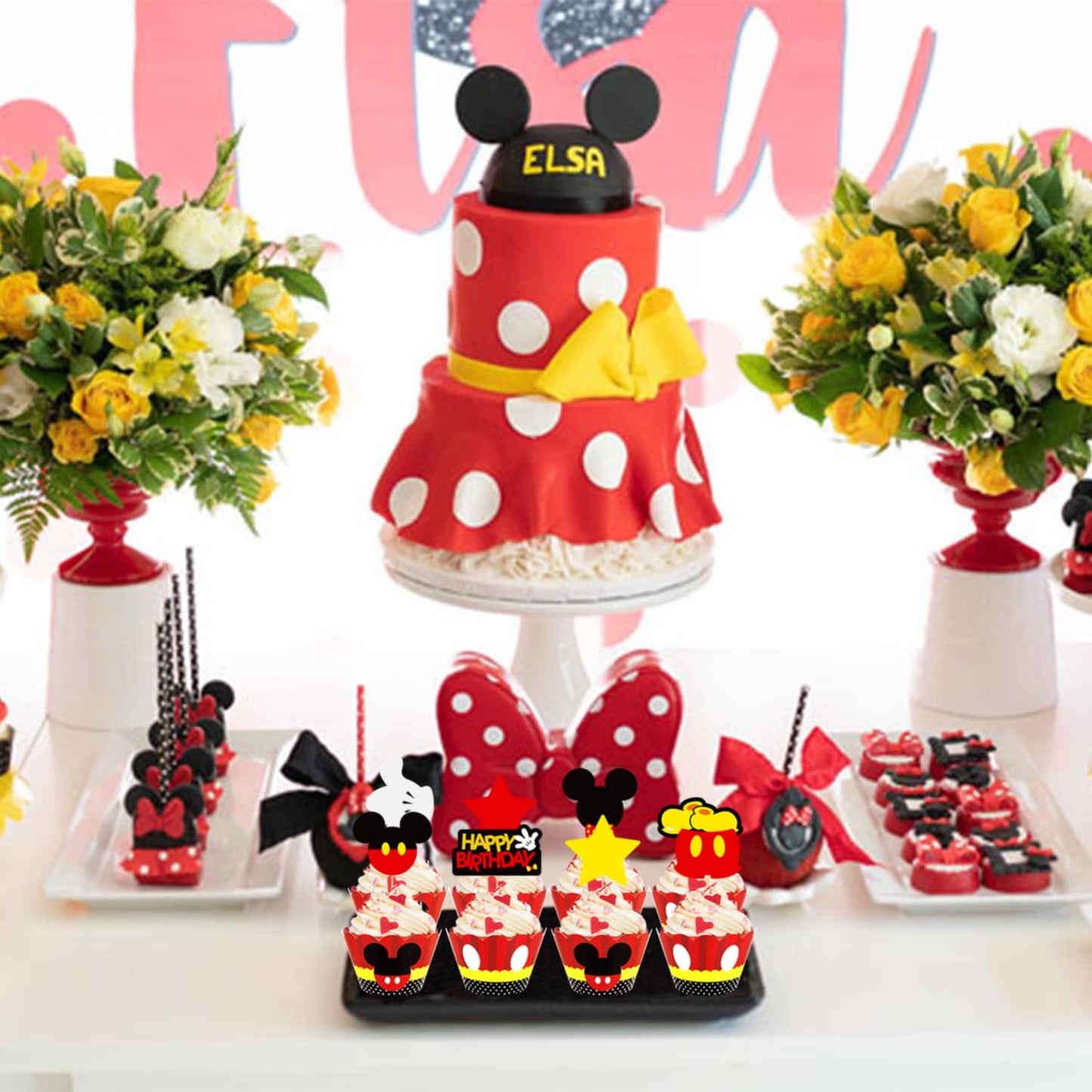 MOAXMOA Mickey Cupcake Toppers and Wrappers, Paper, 32 Toppers and 32 Wrappers, Perfect for Kids Birthday and Baby Shower Parties