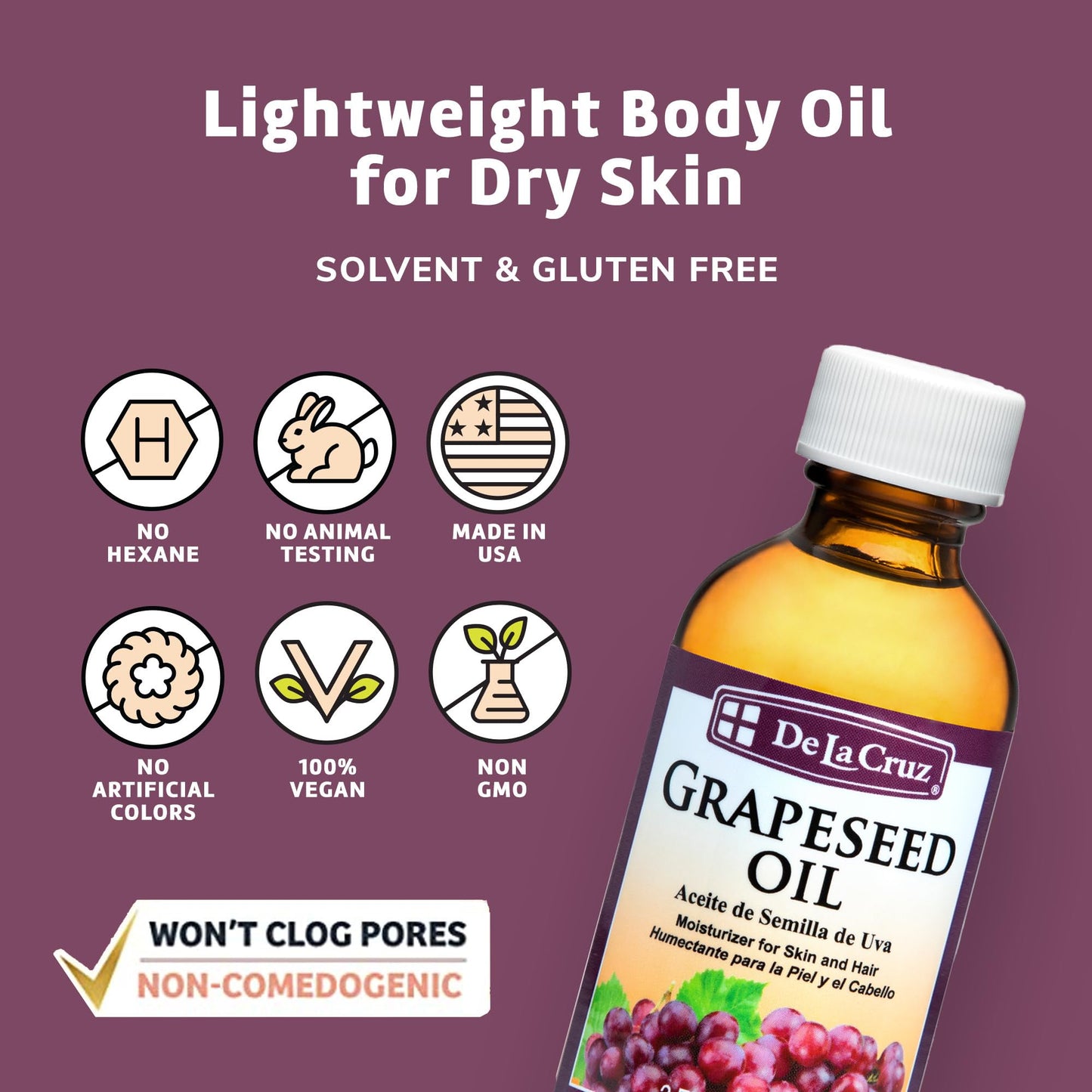 De La Cruz Grapeseed Oil - Natural Expeller Pressed Grapeseed Oil for Skin and Hair - Lightweight Body Oil for Dry Skin 2 FL. OZ