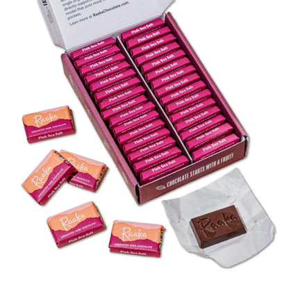 Raaka Pink Sea Salt Chocolate Gift Box | 71% Cacao Dark Chocolate | Organic, Vegan, Gluten Free | Box of 30 Individually Wrapped