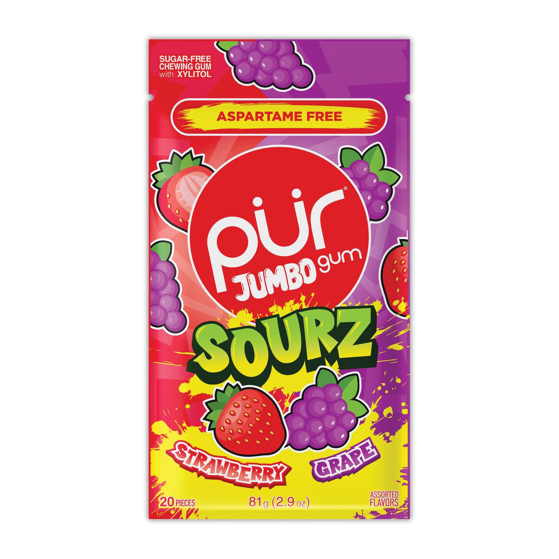 PUR Jumbo SOURZ Gum | Aspartame Free Chewing Gum | 100% Xylitol | Natural Flavor | Sour Strawberry  Sour G  20 Pieces (Pack of 1)