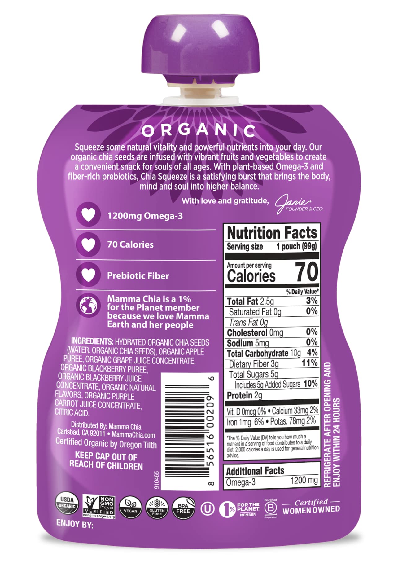 Mammachia Chia Squeeze Blackberry Bliss Vitality Snack, Vegan Friendly, Kosher, USDA Certified Organic, Gluten Free & Non-GMO, 3